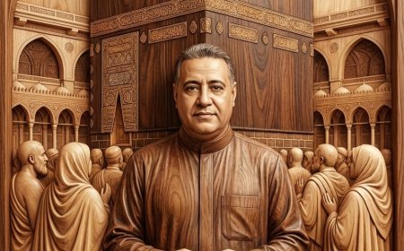 جدارية فاخرة عالية التفاصيل محفورة في الخشب، تُظهر الشخص واقفًا باحترام أمام الكعبة المشرفة
