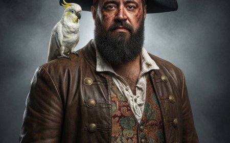 قبطان قراصنة شرس، تظهر عليه آثار معارك وأوساخ على الوجه ولحية كثيفة