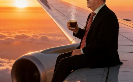 شخص يجلس بهدوء على جناح طائرة ركاب تجارية أثناء غروب الشمس