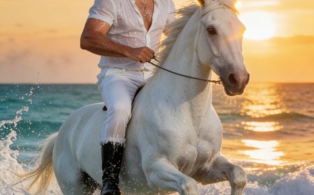 رجل يمتطي حصانًا أبيض ناصعًا مهيبًا، يخترق مياه البحر الفيروزية