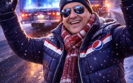 رجل أمام  شاحنة ضخمة تحمل علامة بيبسي فى جو جليدي