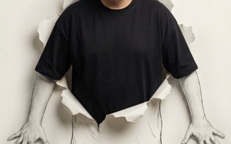 رجل بوجه مطابق تمامًا للصورة المرجعية المرفوعة،  ويرتدي قميص تيشيرت أسود . يبدو وكأنه يخرج من ورقة عادية ممزقة بلون أبيض