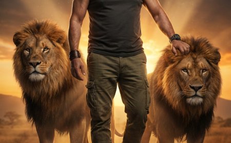 رجلًا قويًا وعضليًا يقف بثبات فوق نتوءٍ صخري في السافانا عند الغسق، يحيط به أسدان ذكران ضخمان ومهيبان يقفان على جانبيه