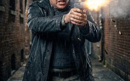 بطل محدد يقف في بؤرة درامية داخل زقاق حضري ضيق مبلل بالمطر، في اللحظة الحاسمة المجمدة بعد جزء من الثانية مباشرة من إطلاقه رصاصة من مسدسه