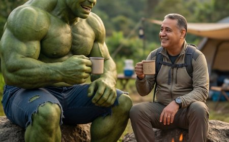 أنشئ مشهدًا واقعيًا للغاية ومليئًا بالتفاصيل، يجمع بين الـHulk ورجل يجلسان على أرضٍ صخرية