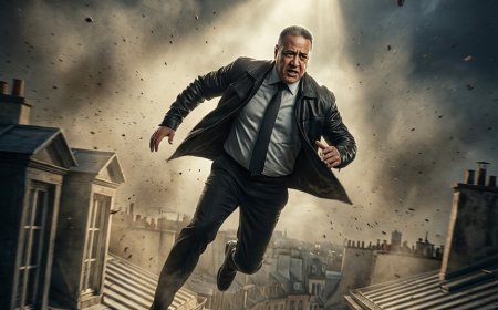 عميل سري وحيد يركض بأقصى سرعة فوق أسطح المباني المتصلة في مدينة أوروبية قديمة وكثيفة خلال الليل