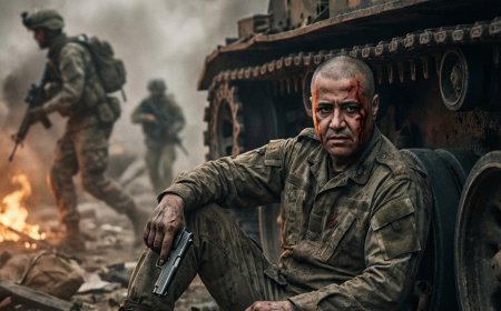 استخدم الصورة المرفوعة كمرجع بنسبة 100%. مشهد حربي سينمائي قاتم وقاسٍ: جندي مخضرم أنهكته المعارك