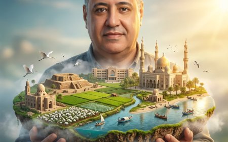 رجل يقف بفخر وهو يحمل بين يديه جزيرة عائمة رائعة مصغرة. هذه الجزيرة هي نموذج ساحر ودقيق لمحافظة الدقهلية