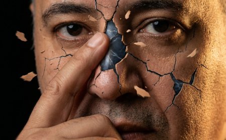 يخضع نسيج الجلد لتحول درامي واضح. بدءًا من نقطة تماس الأصابع مع الوجه، تنتشر شبكة من التشققات الدقيقة الحادة عبر الجلد، مشعة إلى الخارج