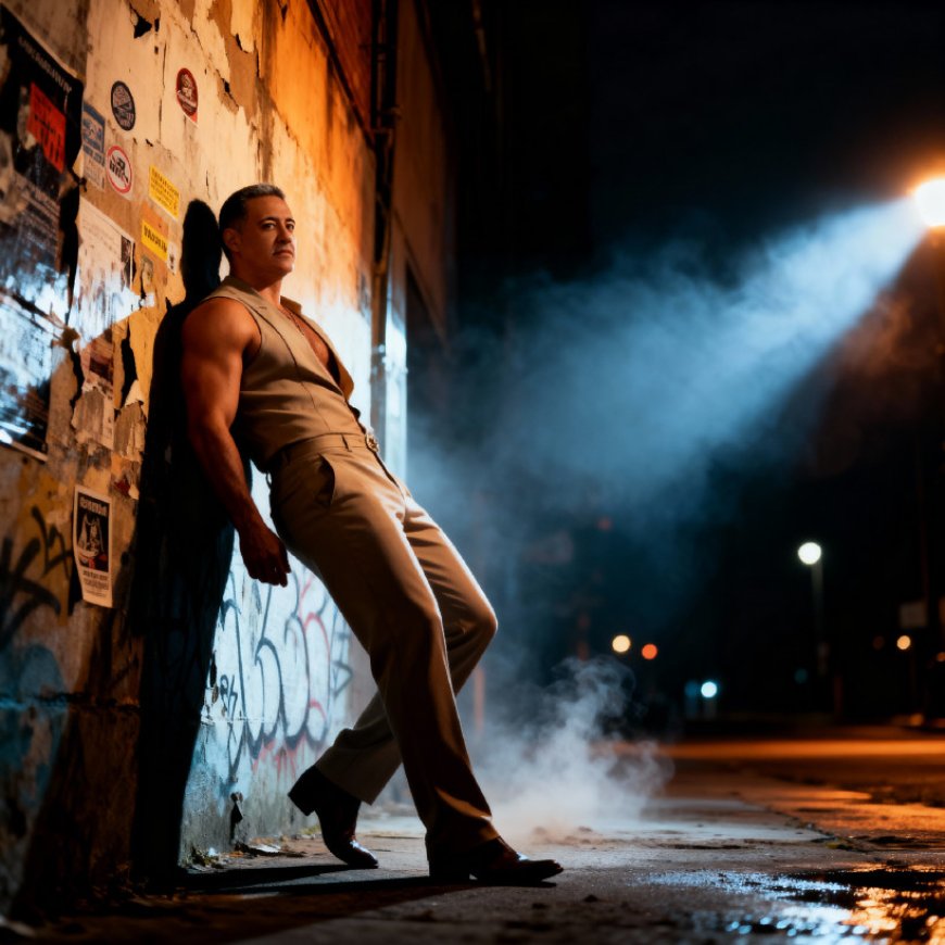 صورة فوتوغرافية فائقة الواقعية ليلية منخفضة الإضاءة، لشخص ذو بنية جسدية رياضية متناسبة