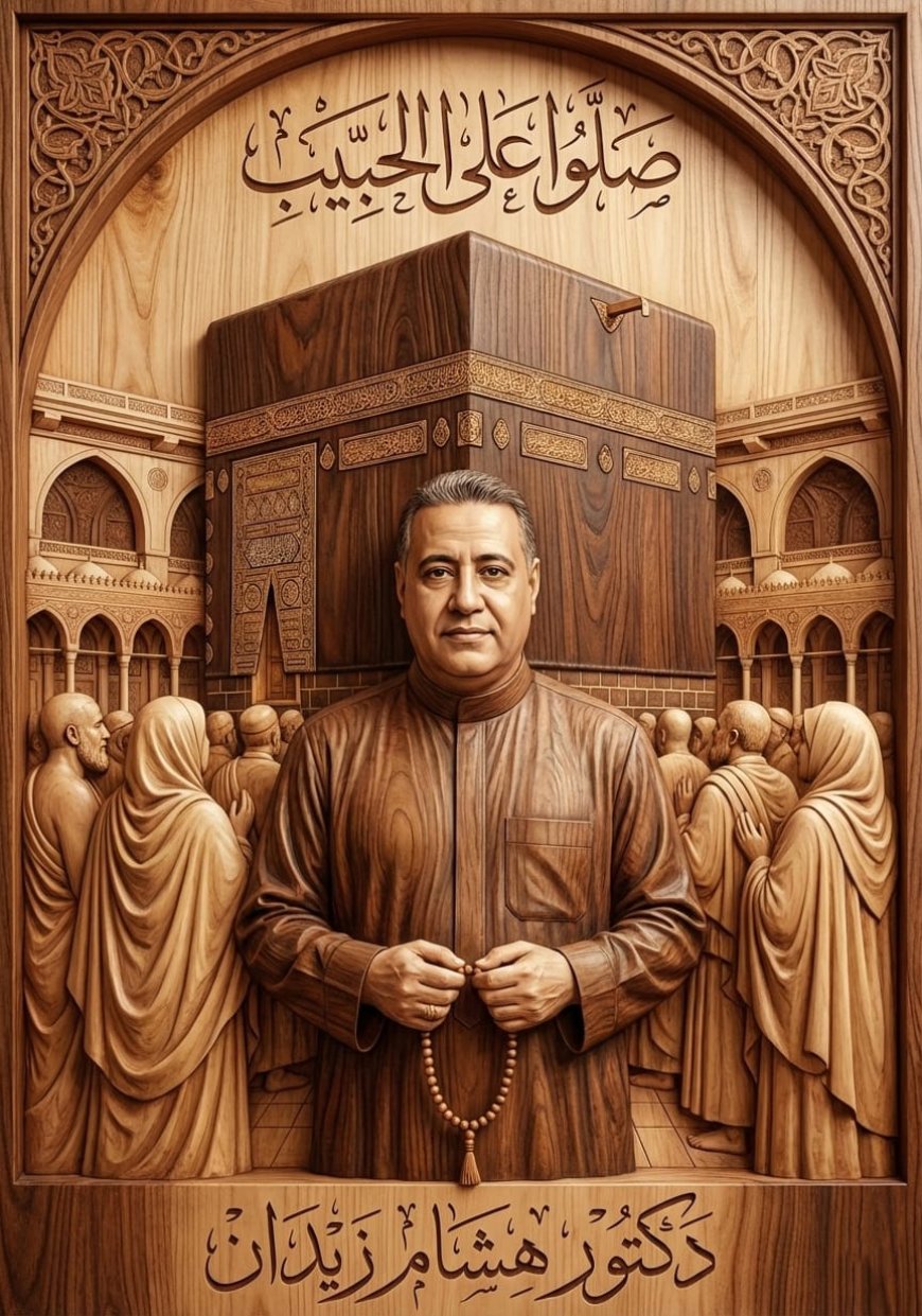 جدارية فاخرة عالية التفاصيل محفورة في الخشب، تُظهر الشخص واقفًا باحترام أمام الكعبة المشرفة
