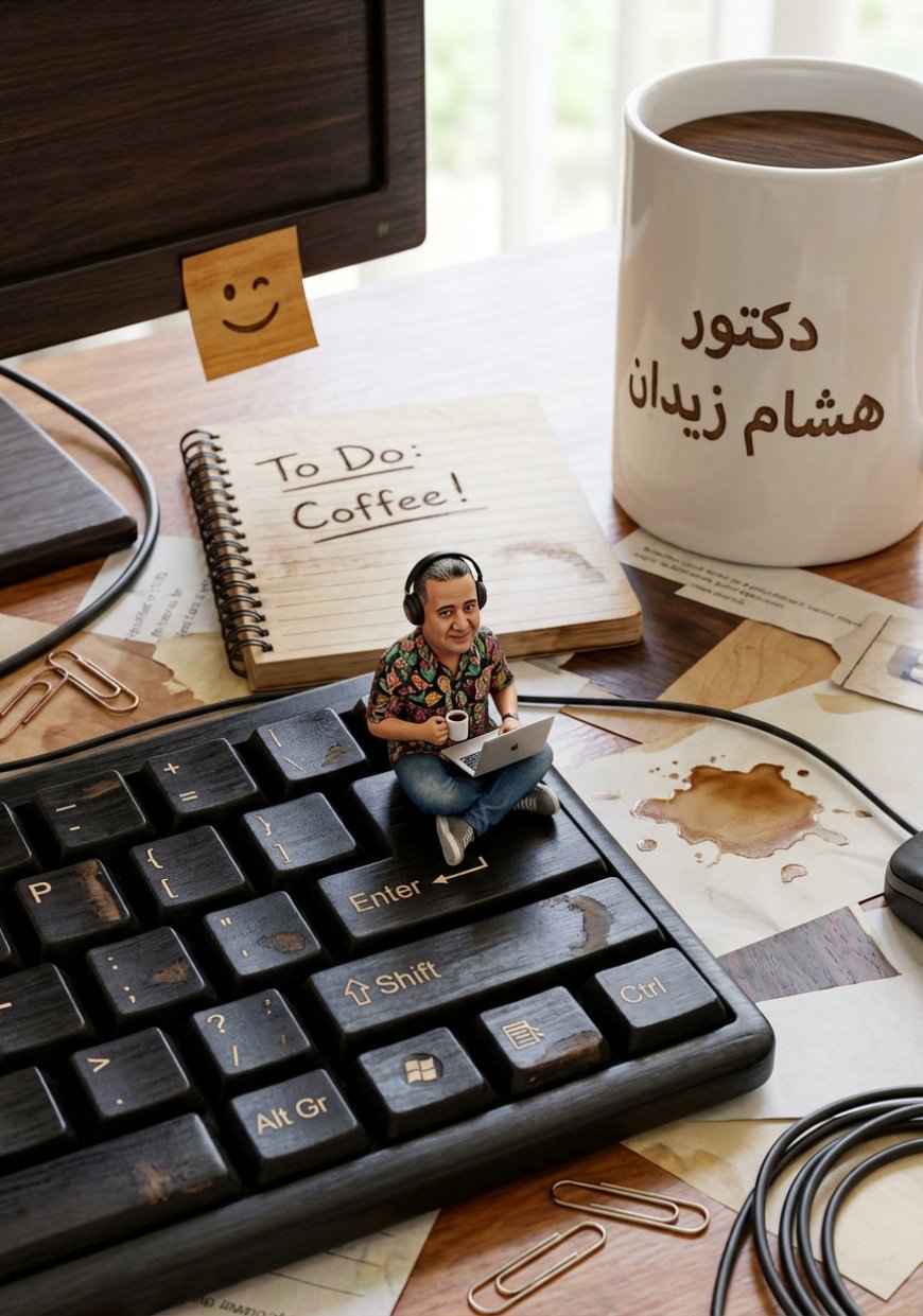 شخصية إنسانية صغيرة جدًا (بمقياس 1:10) تجلس متربعة فوق لوحة مفاتيح كمبيوتر