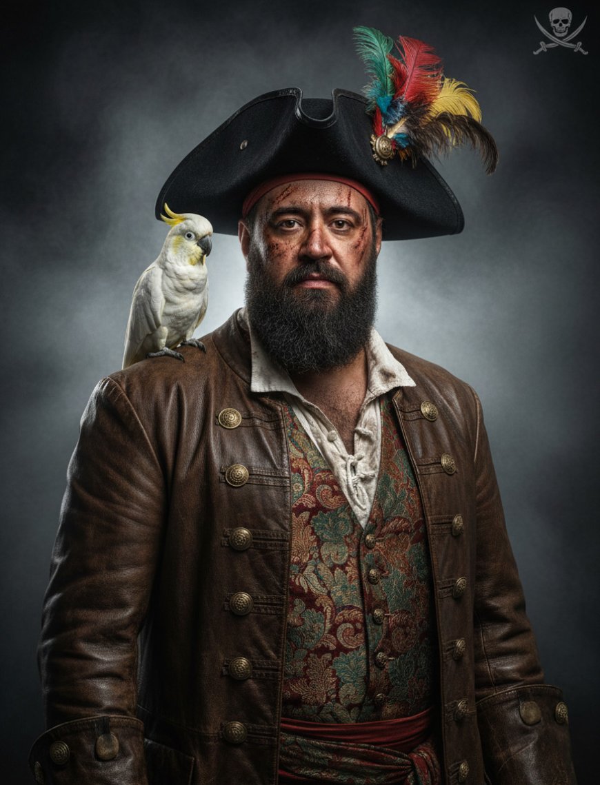 قبطان قراصنة شرس، تظهر عليه آثار معارك وأوساخ على الوجه ولحية كثيفة