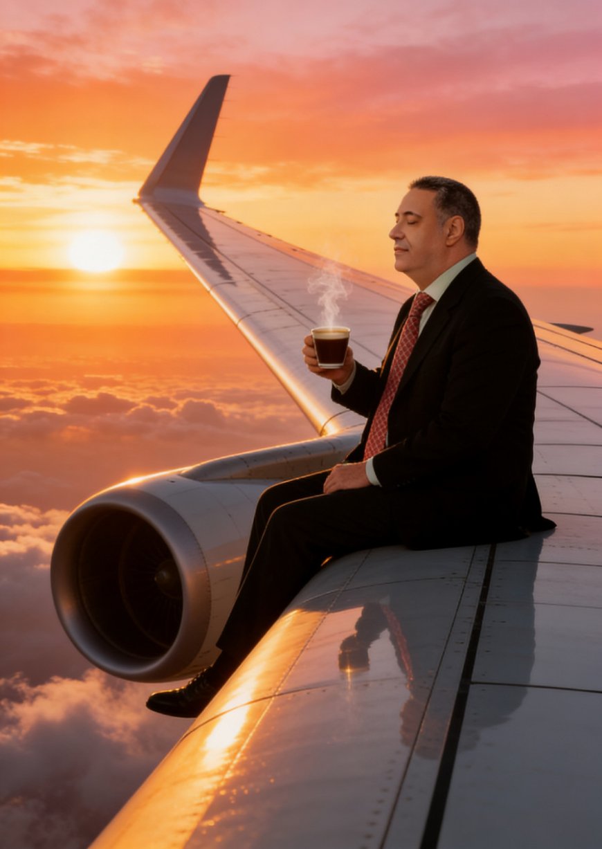 شخص يجلس بهدوء على جناح طائرة ركاب تجارية أثناء غروب الشمس