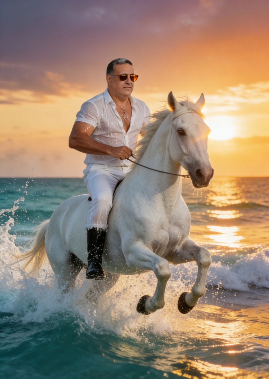 رجل يمتطي حصانًا أبيض ناصعًا مهيبًا، يخترق مياه البحر الفيروزية