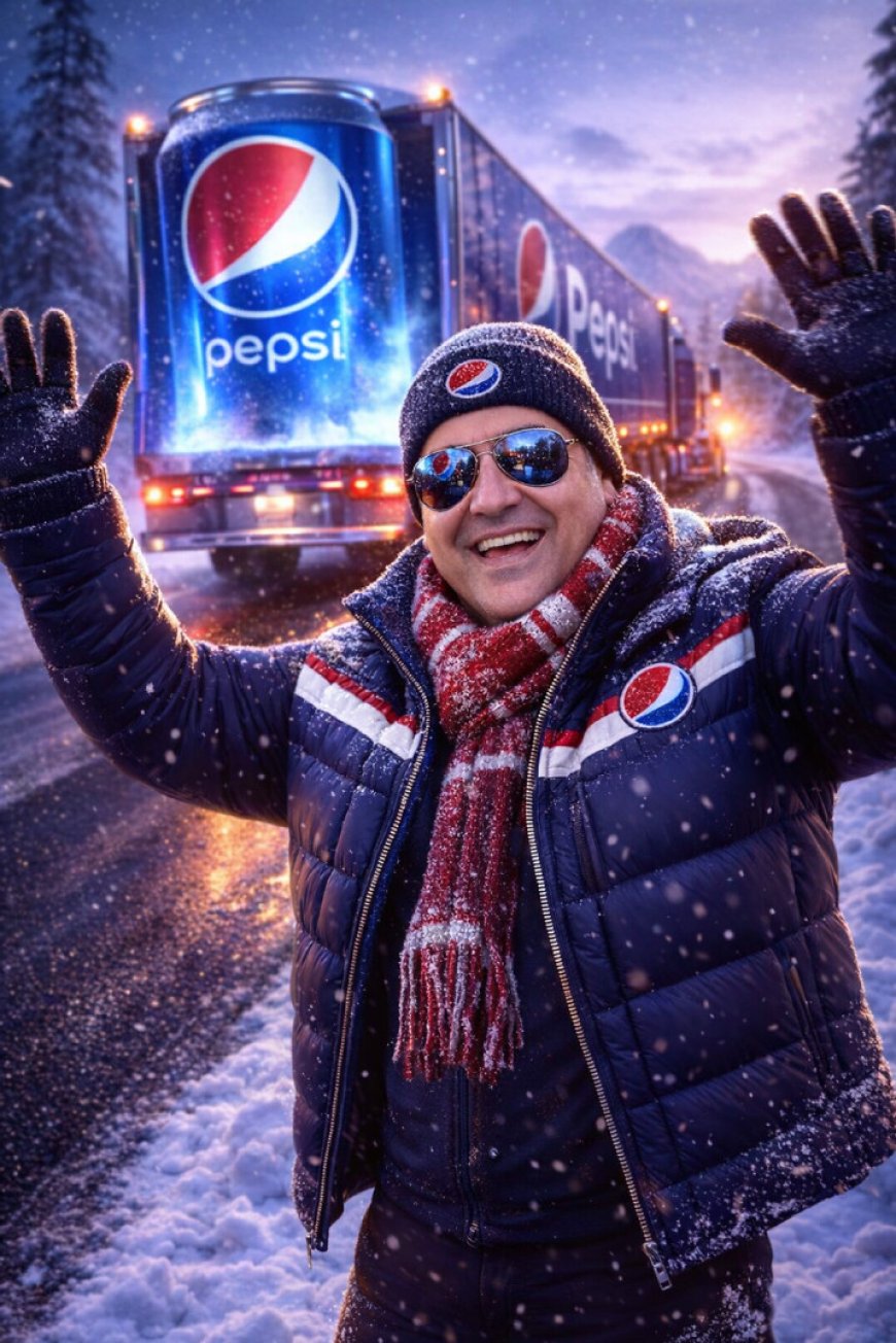 رجل أمام  شاحنة ضخمة تحمل علامة بيبسي فى جو جليدي