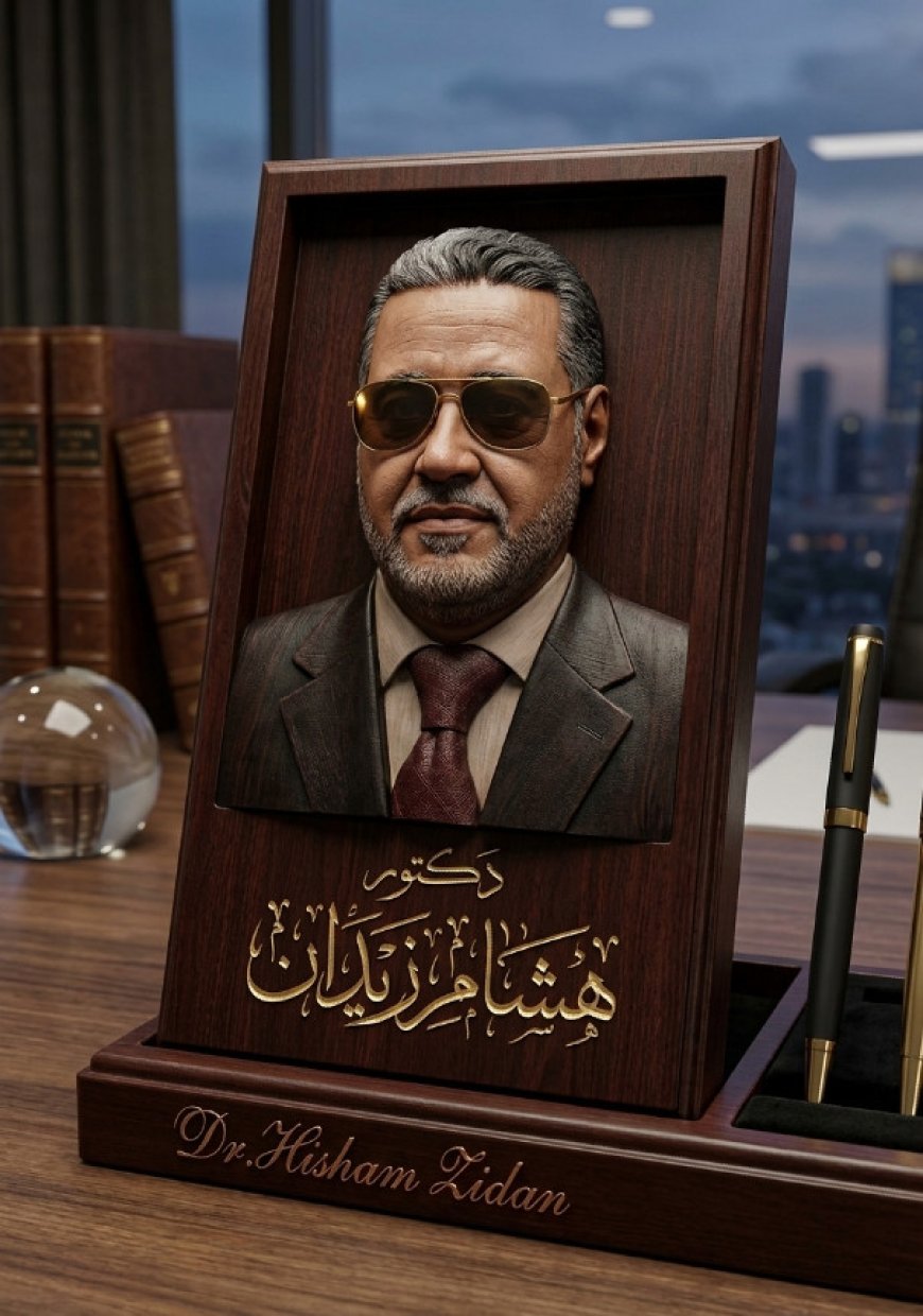 لوحة اسم مكتبية فاخرة مع حامل أقلام راقٍ، مصنوعة من خشب الماهوجني الداكن المصقول بعمق