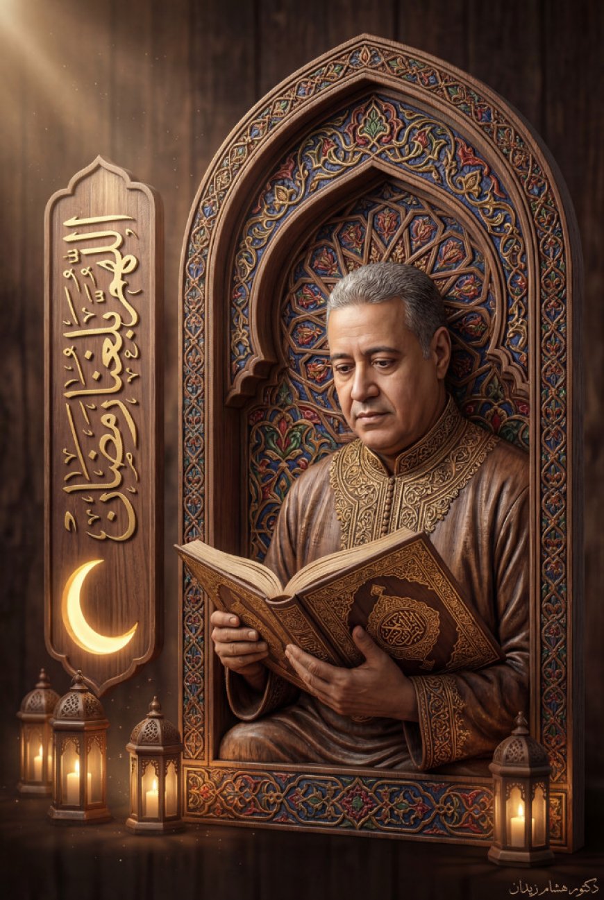 صورة بورتريه سينمائية فائقة الواقعية بدقة 8K لرجل جالسًا داخل إطار خشبي ذي قوس مزخرف