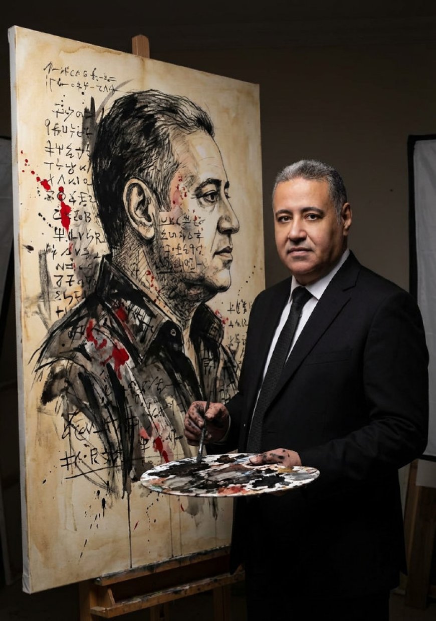 شخص واقفًا بجانب عمل فني كبير مكتمل قام برسمه للتو