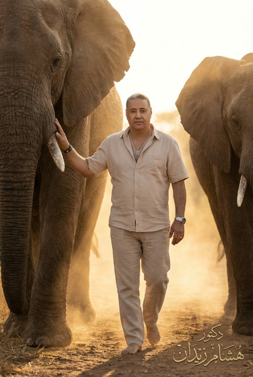 رجلاً عضليًا يمشي حافي القدمين على درب ترابي في السافانا، تحيط به فيلان أفريقيان شاهقان ومهيبان يسيران بمحاذاته