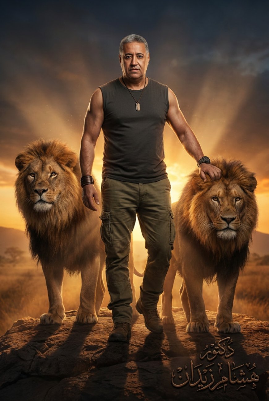 رجلًا قويًا وعضليًا يقف بثبات فوق نتوءٍ صخري في السافانا عند الغسق، يحيط به أسدان ذكران ضخمان ومهيبان يقفان على جانبيه