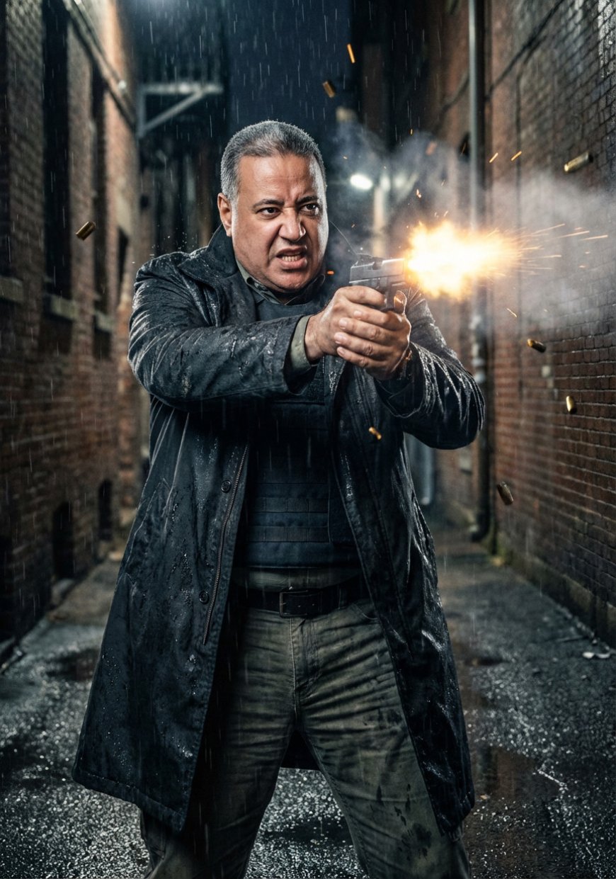 بطل محدد يقف في بؤرة درامية داخل زقاق حضري ضيق مبلل بالمطر، في اللحظة الحاسمة المجمدة بعد جزء من الثانية مباشرة من إطلاقه رصاصة من مسدسه