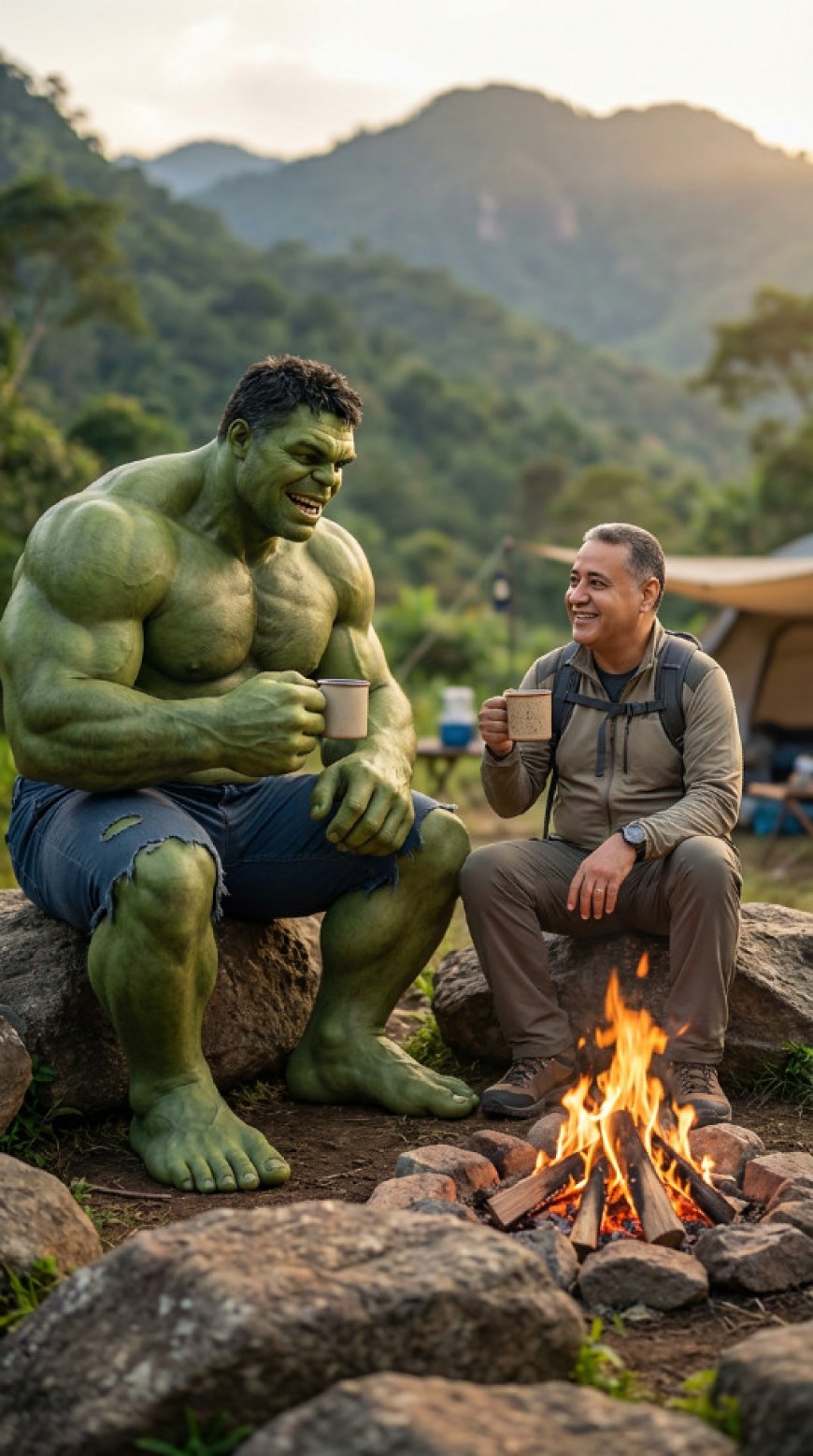 أنشئ مشهدًا واقعيًا للغاية ومليئًا بالتفاصيل، يجمع بين الـHulk ورجل يجلسان على أرضٍ صخرية