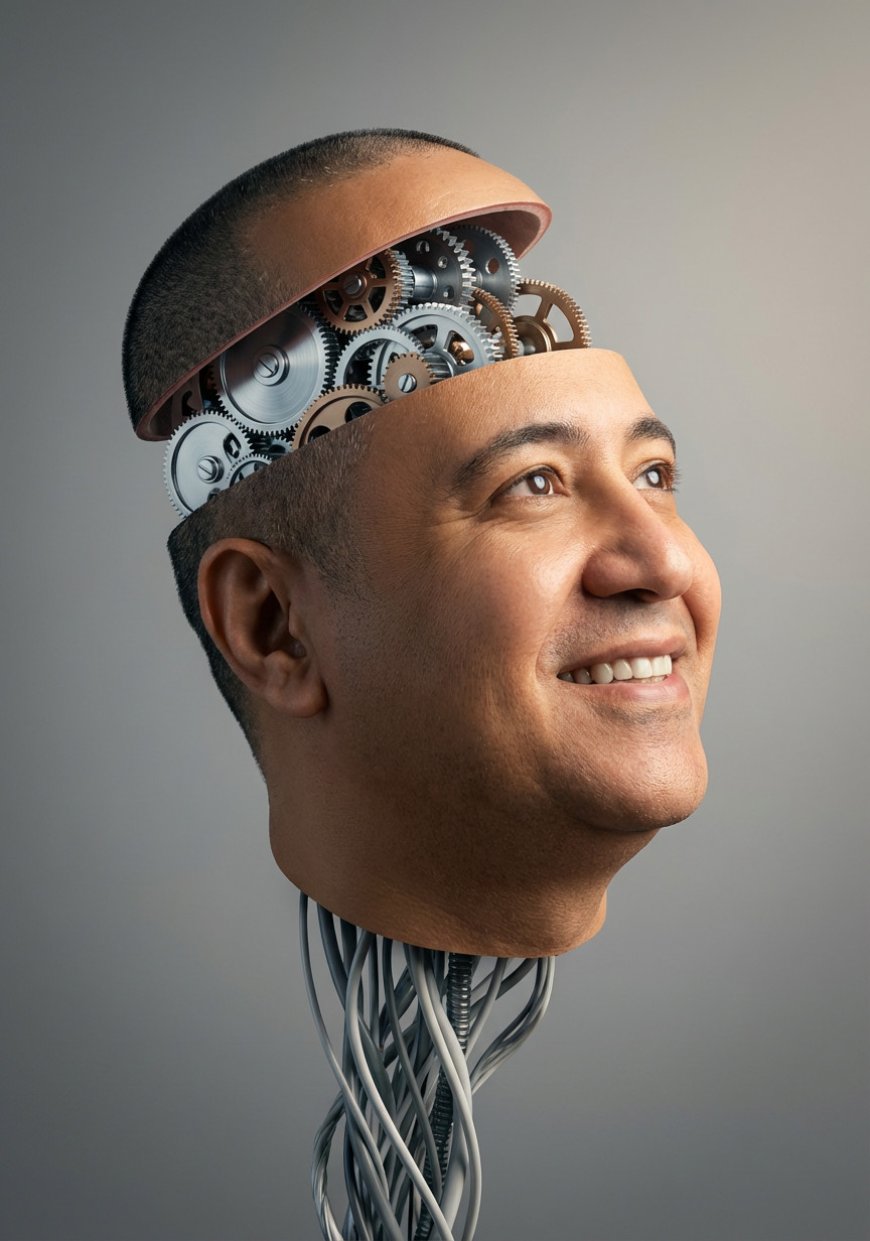 رجل يطفو في الفضاء، وقد تم تفكيكه ليكشف عن آليات داخلية معقّدة بدلاً من التشريح البشري