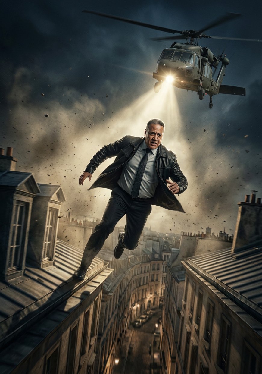 عميل سري وحيد يركض بأقصى سرعة فوق أسطح المباني المتصلة في مدينة أوروبية قديمة وكثيفة خلال الليل