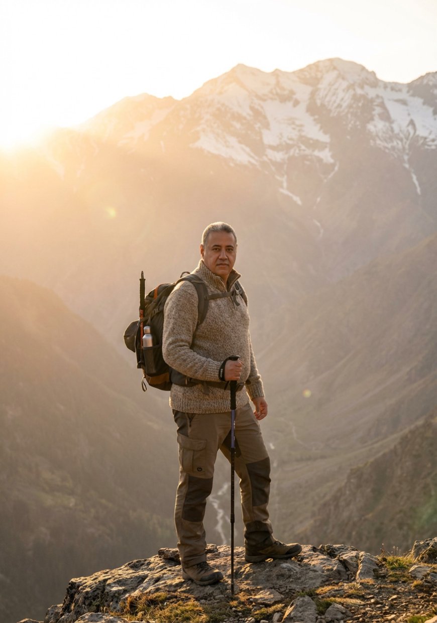 يصوّر المشهد منظرًا جبليًا شاسعًا خلال الساعة الذهبية، حيث تلقي الشمس ضوءًا دافئًا على القمم المغطاة بالثلوج