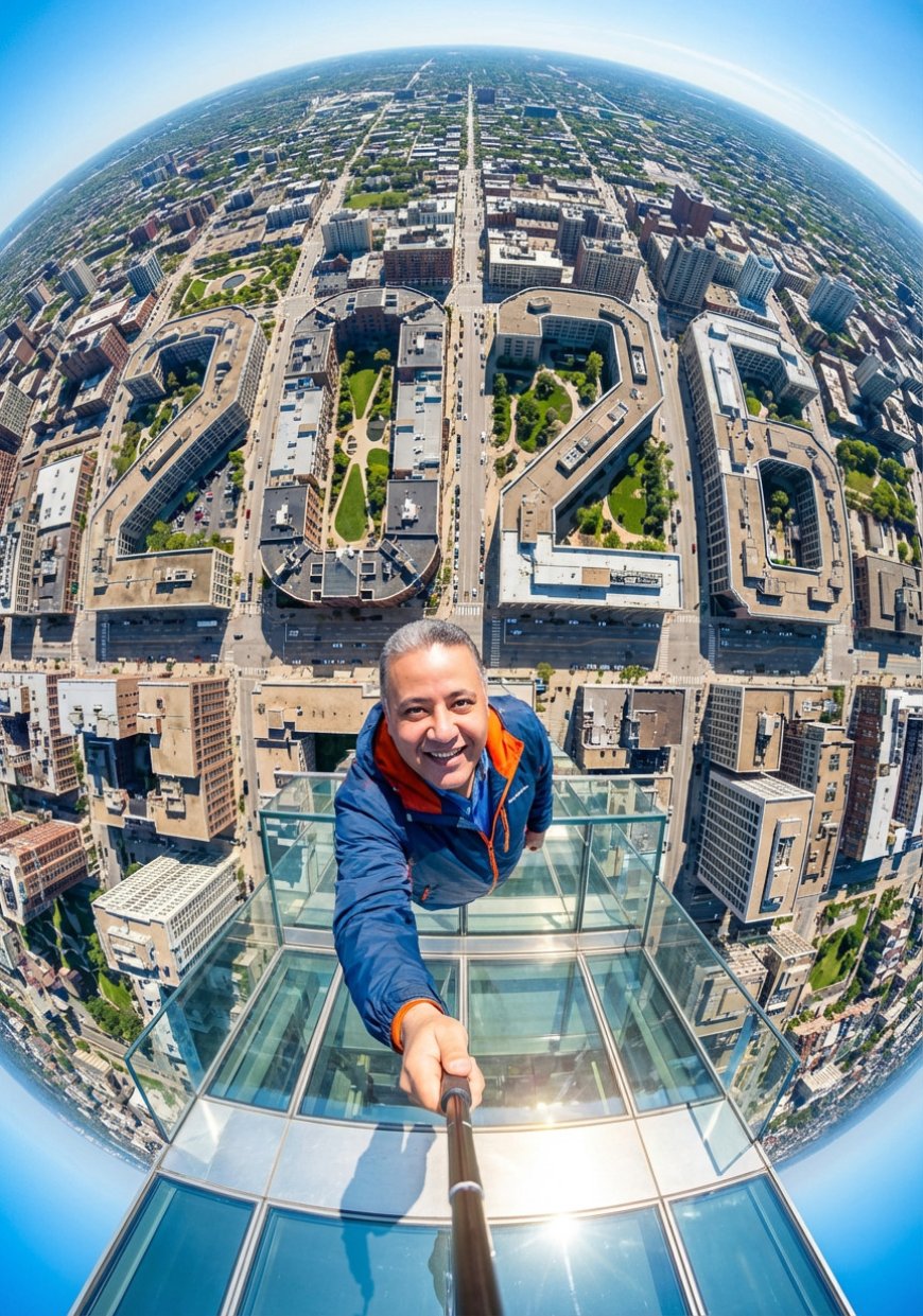 منظور واسع للغاية وديناميكي بعدسة عين السمكة (Fisheye)، ينظر عموديًا إلى الأسفل من ارتفاع شاهق