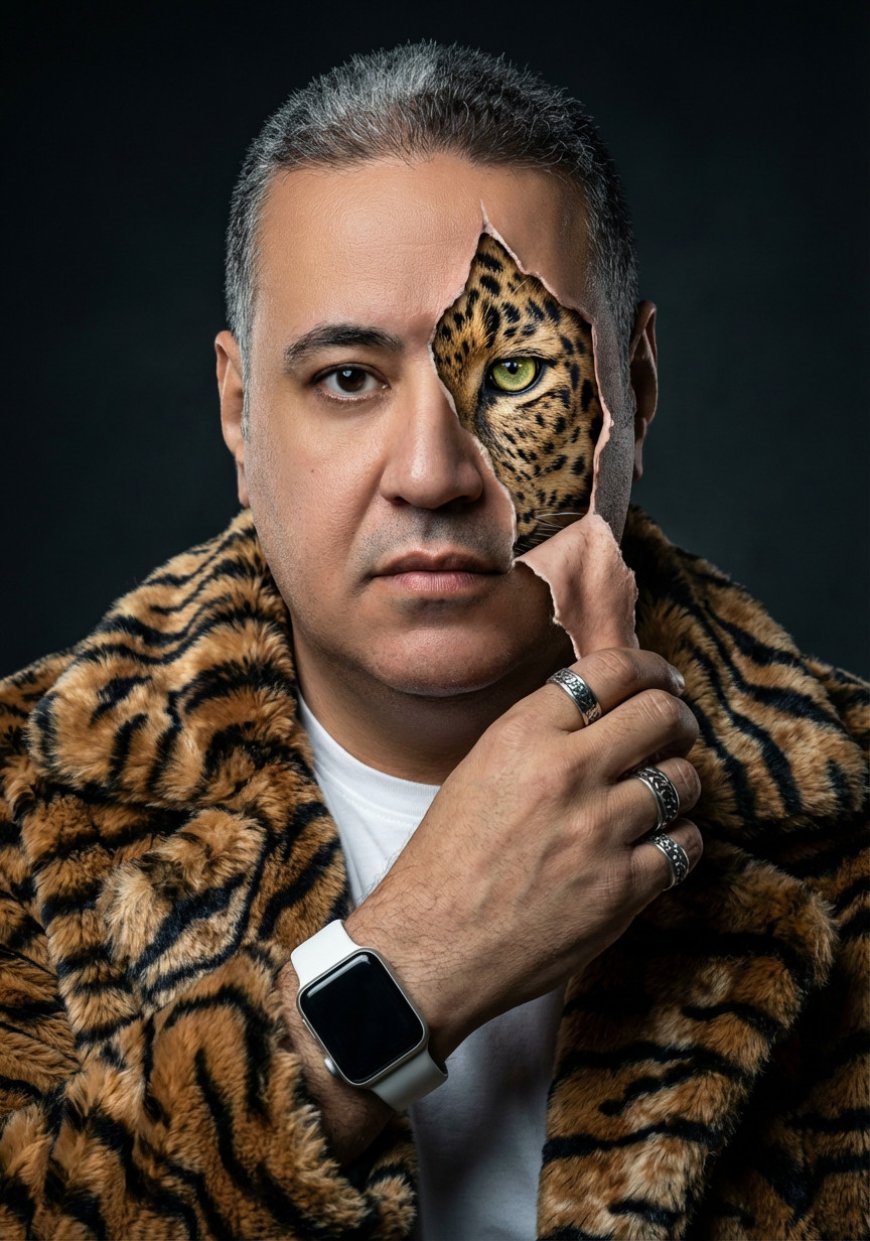 رجل أنيق (بنفس الوجه تمامًا) يرتدي معطفًا صناعيًا بنقشة النمر فوق تي-شيرت أبيض
