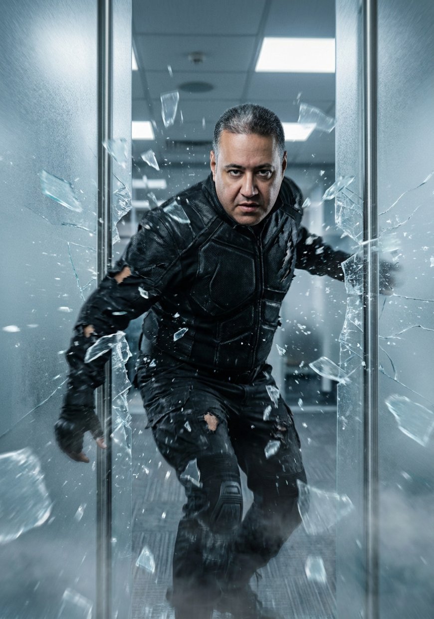 مشهد سينمائي مفصل للغاية يضم استخدام الوجه المرفوع 100% كمرجع كالمفترس في المطاردة، ينفجر من خلال باب زجاجي متجمد