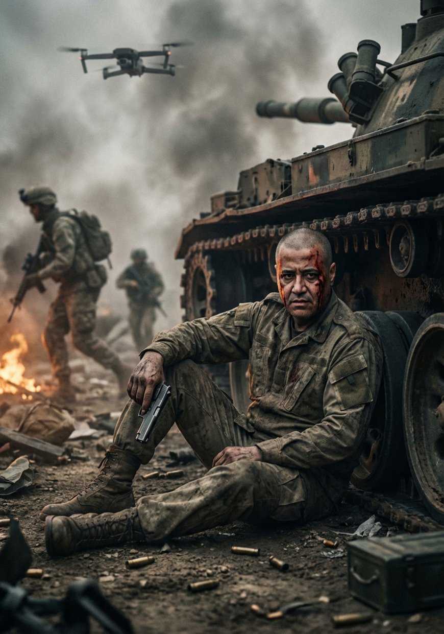 استخدم الصورة المرفوعة كمرجع بنسبة 100%. مشهد حربي سينمائي قاتم وقاسٍ: جندي مخضرم أنهكته المعارك