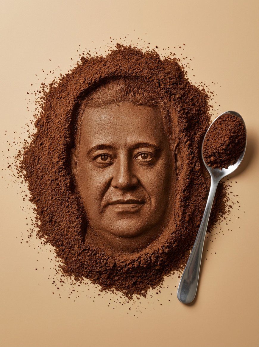 نسخة مطابقة تمامًا لوجه الشخص المرفق، مُشكّلة كطبعة مضغوطة دقيقة التفاصيل داخل قهوة مطحونة