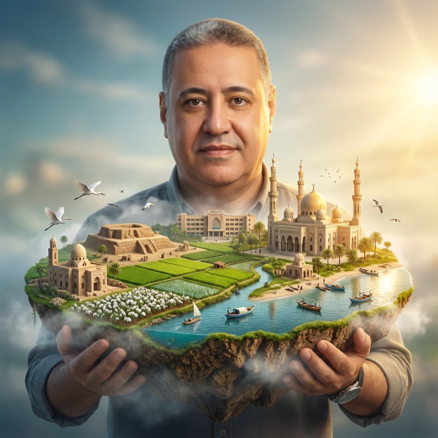 رجل يقف بفخر وهو يحمل بين يديه جزيرة عائمة رائعة مصغرة. هذه الجزيرة هي نموذج ساحر ودقيق لمحافظة الدقهلية